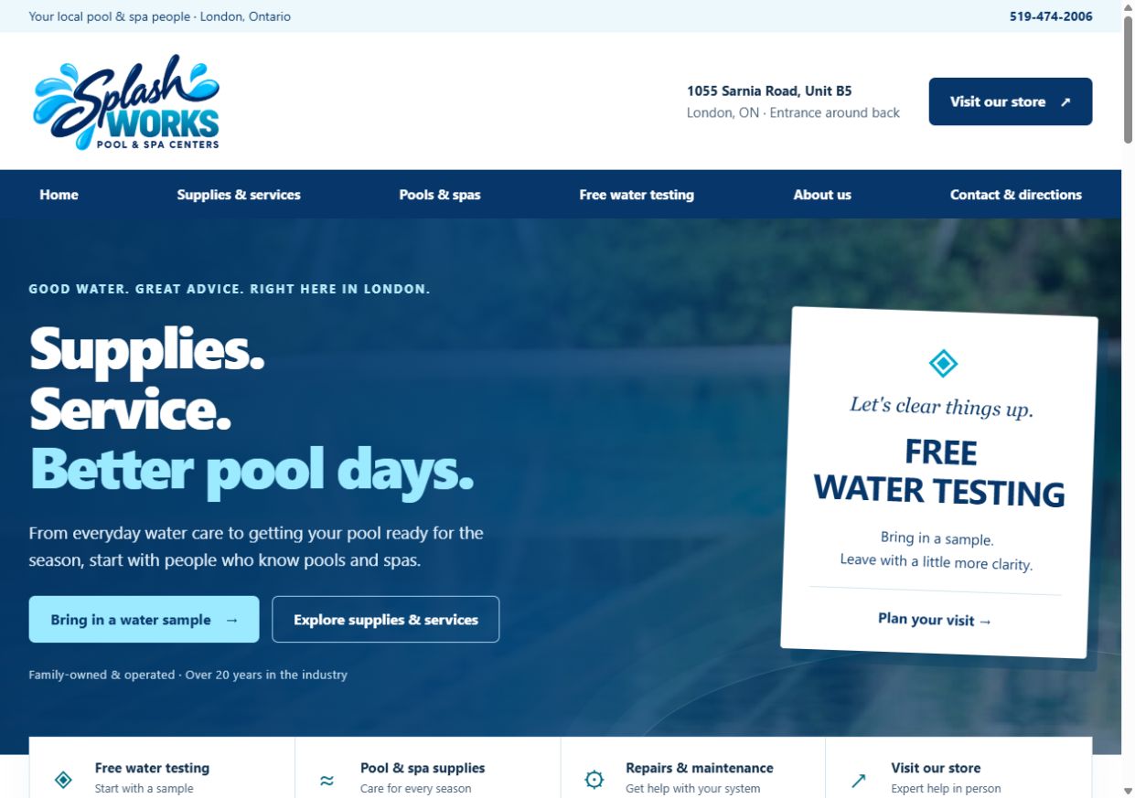 Splash Works website screenshot, showing its pool and spa services and free water testing.